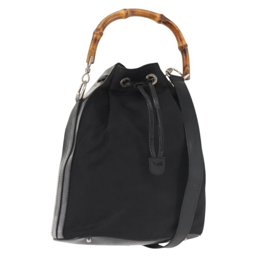GUCCI Bamboo Hand Bag Nylon 2way Black Silver Auth